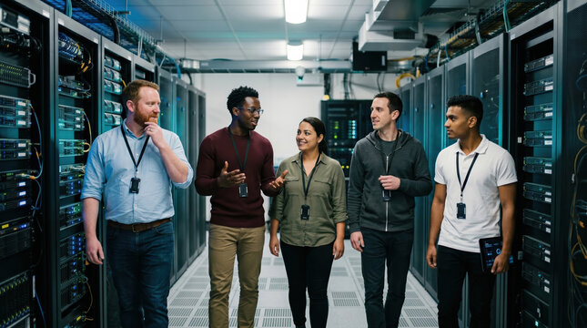 Engineers collaborate in A data center aisle in daytime