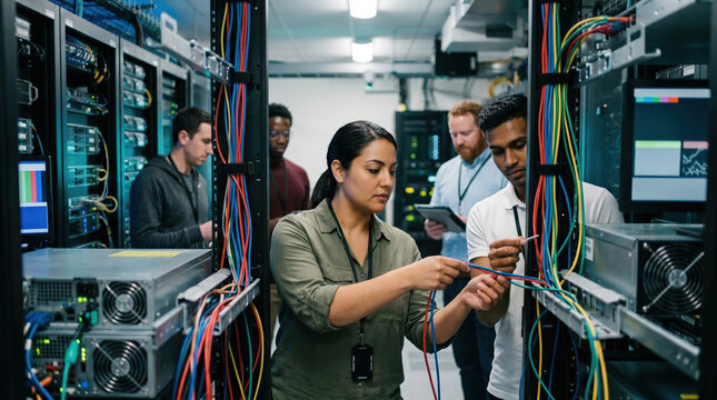 Engineer team managing server rack cables in data center