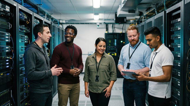 Engineers discuss data center project while reviewing tablet