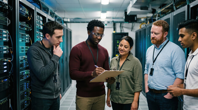 Engineers discuss data center operations in server room