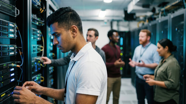 Engineer checks data center server as team collaborate nearby
