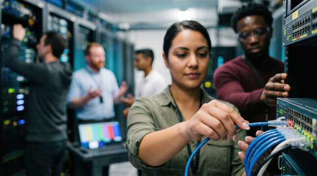 Diverse engineers maintain network equipment in data center
