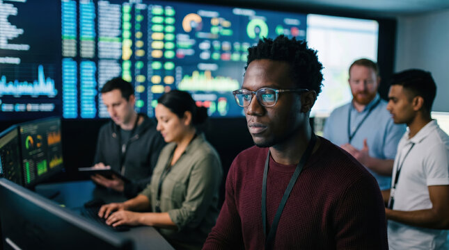 Engineer and diverse team monitor data center systems live