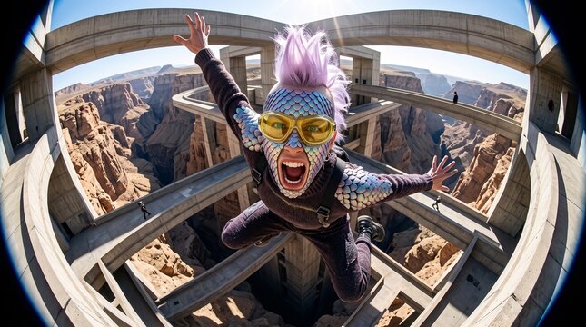 Eccentric Character Celebrating at Canyon Overlook Platform