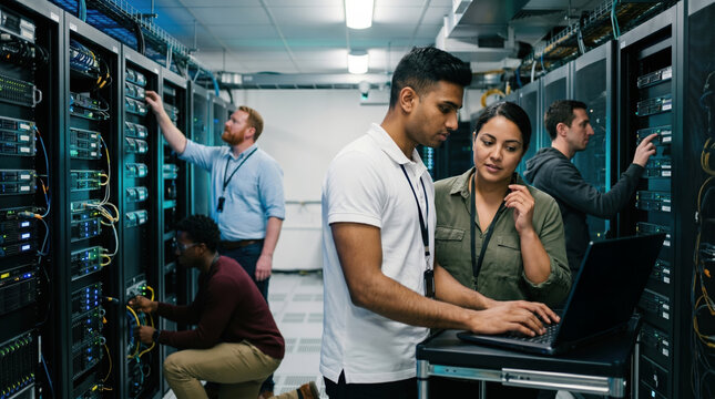 Engineer assists team with server maintenance in data center