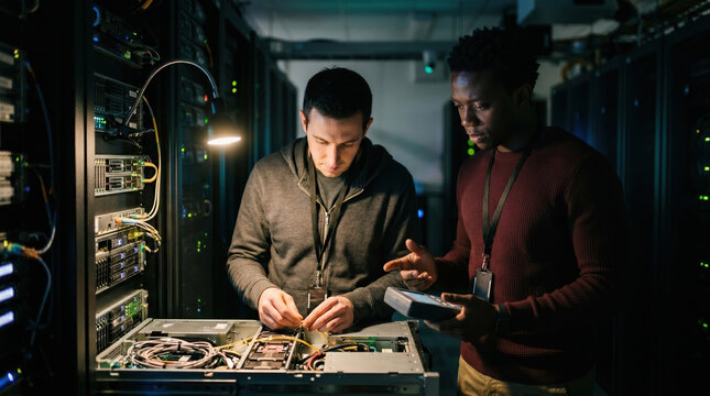 Engineers inspect server hardware in data center at night