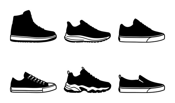 Six Black Silhouette Sneakers Collection, Footwear Icons Set, Casual Shoes Vector Graphics