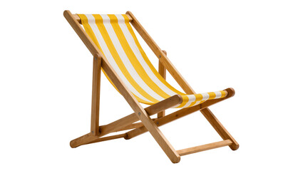 Isolated striped deck chair with yellow and white canvas, wooden frame for summer beach leisure. © Cian