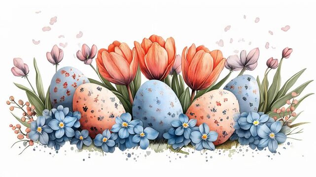 Painted Easter eggs arranged with orange tulips and blue flowers. Spring holiday composition with festive floral decoration for seasonal greeting card background.