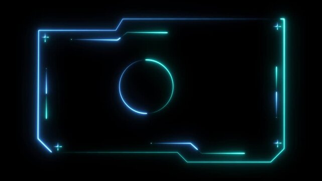 Modern futuristic user interface frame with glowing neon lines and digital HUD elements on dark background. This high-tech design is perfect for sci-fi interfaces,  technolog 4k video
