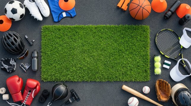 Flat lay of various sports equipment arranged around a rectangular patch of green artificial grass on a dark grey textured background surface
