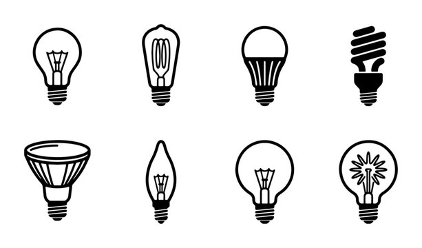 Diverse Light Bulb Icons Set: Incandescent, LED, CFL, Edison, Spotlight, Flame, Modern Design