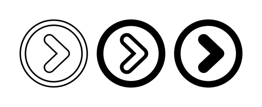 Set of three right arrow icons, simple vector graphics, navigation buttons, next, forward, direction symbols