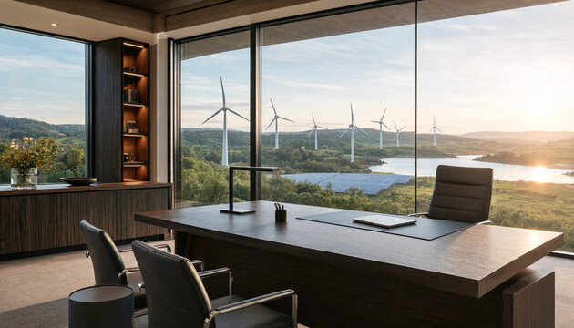 Spacious executive office overlooking solar fields and wind turbines at golden sunset with executive business spacious panoramic turbines renewable corporate interior architecture