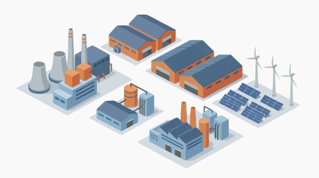 Isometric industrial facilities showcasing different energy sources, including traditional factories and renewable wind and solar power for the concept of sustainable industry.