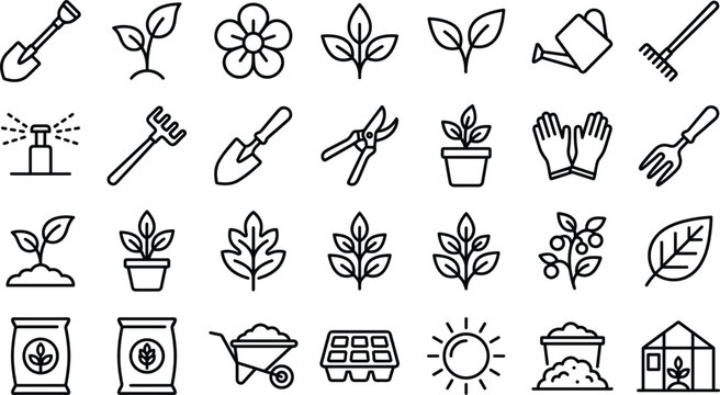 Gardening and agricultural farming outline icons set containing tools plants fertilizer greenhouse and landscape cultivation elements vector