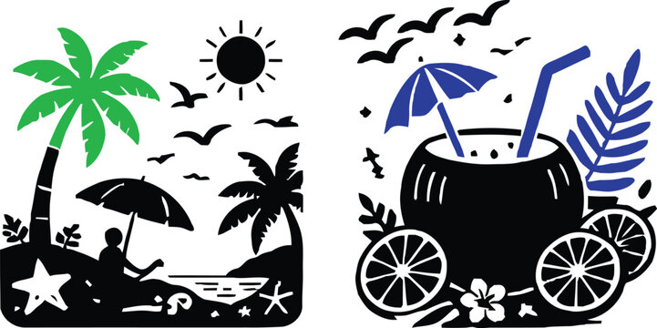 Tropical scene Silhouette Featuring Palm Trees Sun Beach Chair And Coconut Drink With Fruit beachcombing beaches coconut drink
