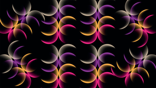 Abstract glowing neon crescent circles pattern. Vibrant overlapping rings and semi-circles continuous background on black.