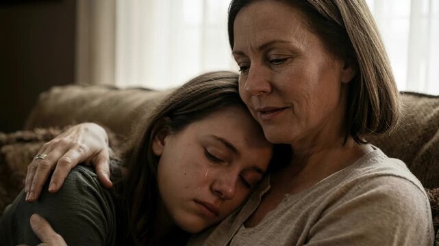 Mother comforting crying daughter. Woman embracing sad girl on couch. Connectioneering concept of emotional support, empathy, family care and human relationship.