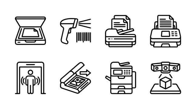 Modern Office Technology Icons: Scanner, Printer, Barcode Reader, Security Gate, 3D Scanner Vector Set