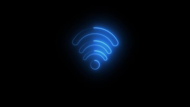 Glowing neon wifi icon animation on dark background. Neon digital wifi network icon. Animated wifi icon internet network symbol, digital connection sign.