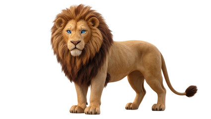 Isolated digitally rendered male lion, full body pose, majestic mane and piercing blue eyes © Conor