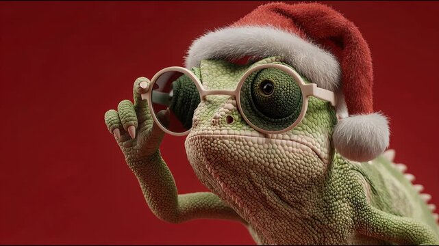 Chameleon wearing a christmas hat and glasses on a red background. Cute reptile with holiday accessories looking around. Funny winter animal celebration concept.