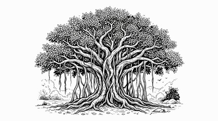 A sprawling tree with twisted roots and lush foliage stands tall in a serene landscape. © Jagoan