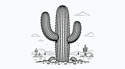 A large cactus stands tall in a desert landscape with smaller cacti and rocks under a cloudy sky. © Jagoan
