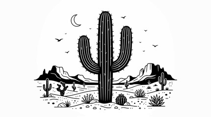 A large cactus stands tall in a desert landscape with mountains and a crescent moon. © Jagoan