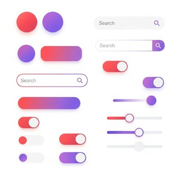Modern ui web elements featuring gradient toggles sliders search bars and circular buttons for digital interface design
