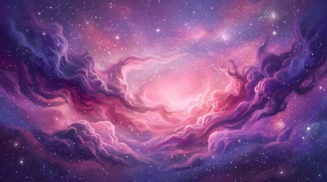 Glowing nebula clouds in deep space with bright stars and purple light