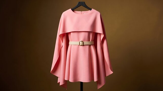 Elegant pink dress with cape detail and beige belt displayed on a hanger against a warm brown background emphasizing fashion