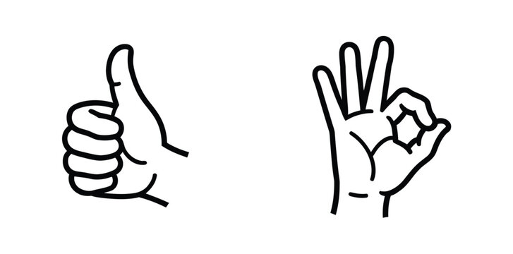 Thumbs up and OK hand gesture icon set in black outline style, vector illustration featuring approval, success, like, confirmation, positive feedback, agreement, and communication symbols for web and 