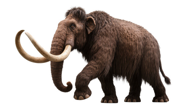 Isolated prehistoric woolly mammoth walking, a massive furry animal with curved tusks