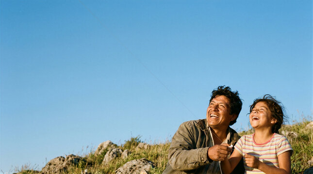 Indigenous man and daughter flying kite on hillside. Peruvian family playing outdoors in rural landscape under clear blue sky. Spending time together in nature. Bonding and recreation