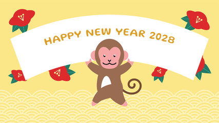 Cute zodiac monkey mascot holding signboard template. Happy Chinese New Year of the Monkey 2028 greetings card in a cute cartoon style. © Alix