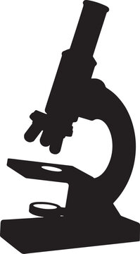Minimalist black silhouette of monocular microscope on circular base, flat also transparent background