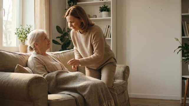 Woman helper putting blanket on senior caucasian woman. Home healthcare and elder care concept with caregiver assistance.