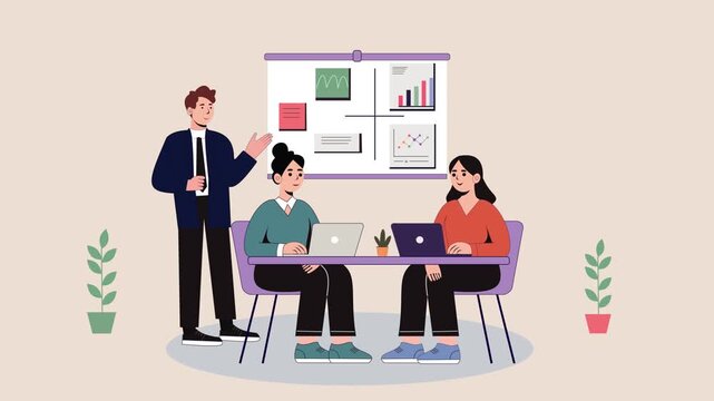 Corporate Business Strategy Matrix Presentation Animation: Executive Explaining Chart Data to Female Colleagues at Office Desk with Laptops, Cream Background, Seamless Loop.
