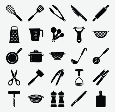 Set of kitchen utensils and cooking tools icons in flat black silhouette style with rolling pin measuring cup pepper mill chopping board chef tools culinary kitchen gadgets utensils
