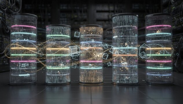 Medium shot showing a networked dashboard interface monitoring multiple silos simultaneously highlighting data synchronization and smart storage analytics.