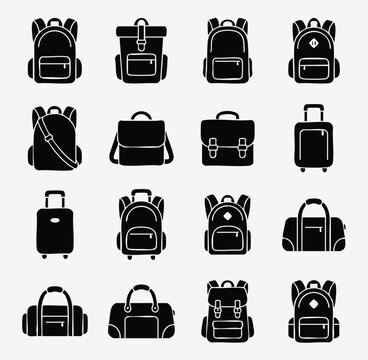 Variety of backpacks and travel bags icons with backpack suitcase briefcase accessory vacation container business education adventure rucksack equipment personal silhouette