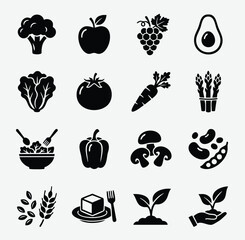 Fototapeta premium Set of organic food and farming icons in black silhouette style with vegetables agriculture nutrition broccoli asparagus mushrooms cultivation vegetarian ingredients botanical lifestyle