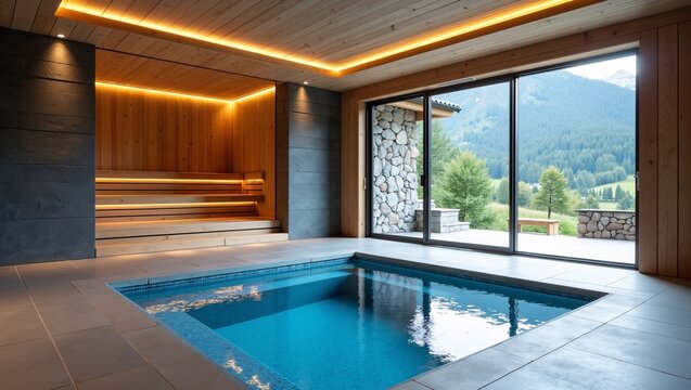 Chalet indoor pool with lit wooden sauna and mountain landscape view