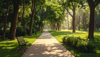 Fototapeta premium A serene park scene features a paved walkway leading through rows of lush green trees, bathed in warm sunlight. A bench rests on the left