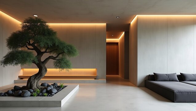 Zen minimalist living room with large sculptural pine tree and dark modular sofa