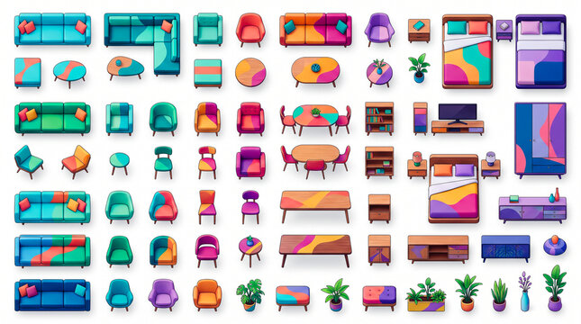 Technicolor Modern Living Room and Bedroom Furniture Icons Set with Abstract Technicolor Fluid Pattern Designs