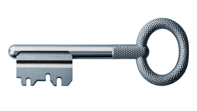 Isolated shiny silver metal key with intricate bitting and textured circular bow handle
