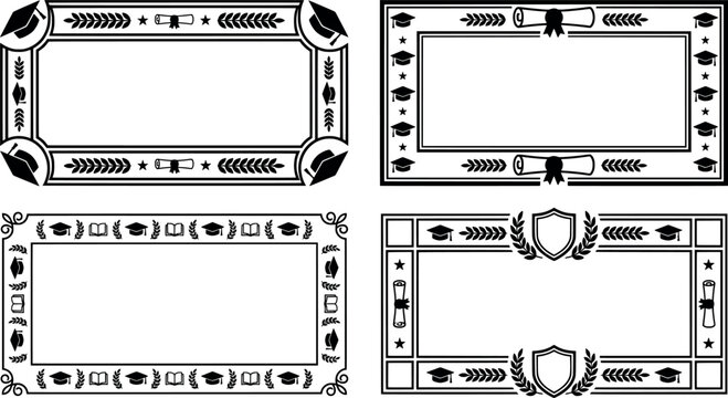 Set of graduation and academic themed decorative frames with caps, scrolls, and books transparent background